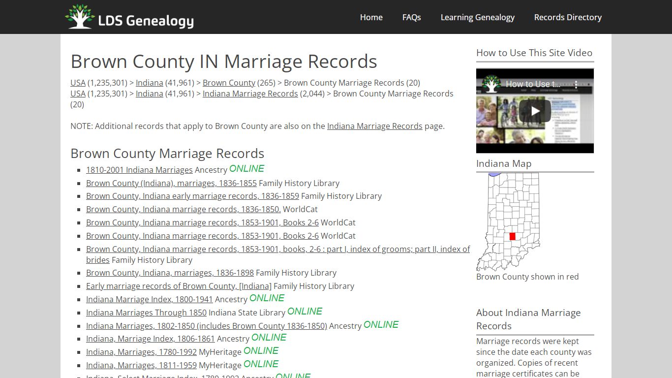 Brown County IN Marriage Records - LDS Genealogy